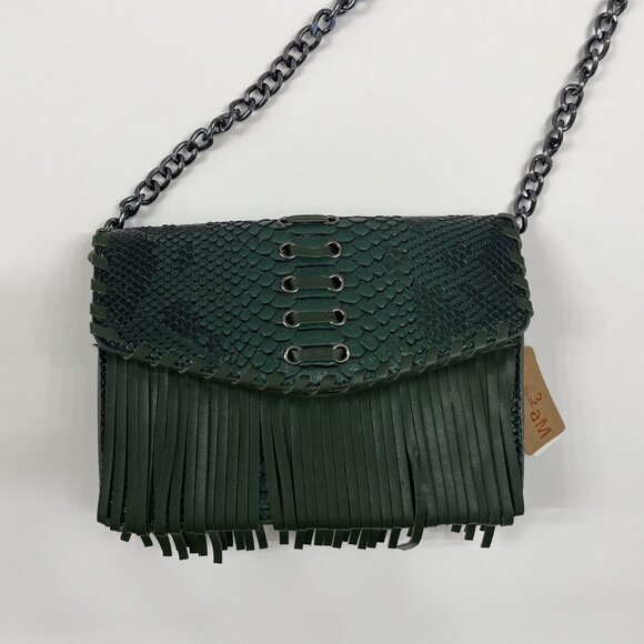 Animal Print Embossed W/ Fringe /Tassel Crossbody Bag - Boho Style - Green - NWT - Picture 7 of 11